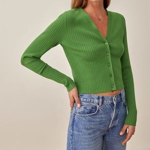 Reformation Gilda Ribbed Kelly Green Cardigan
